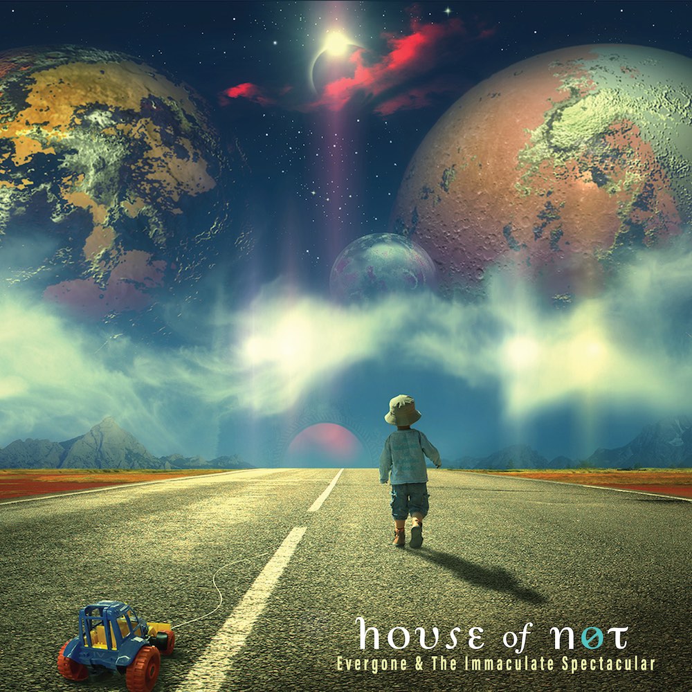 House of Not - Evergone & The Immaculate Spectacular Album Cover - Child walking on desolate road, mountains in distance, planets, moons, stars and eclipse grabbing his full attention.
